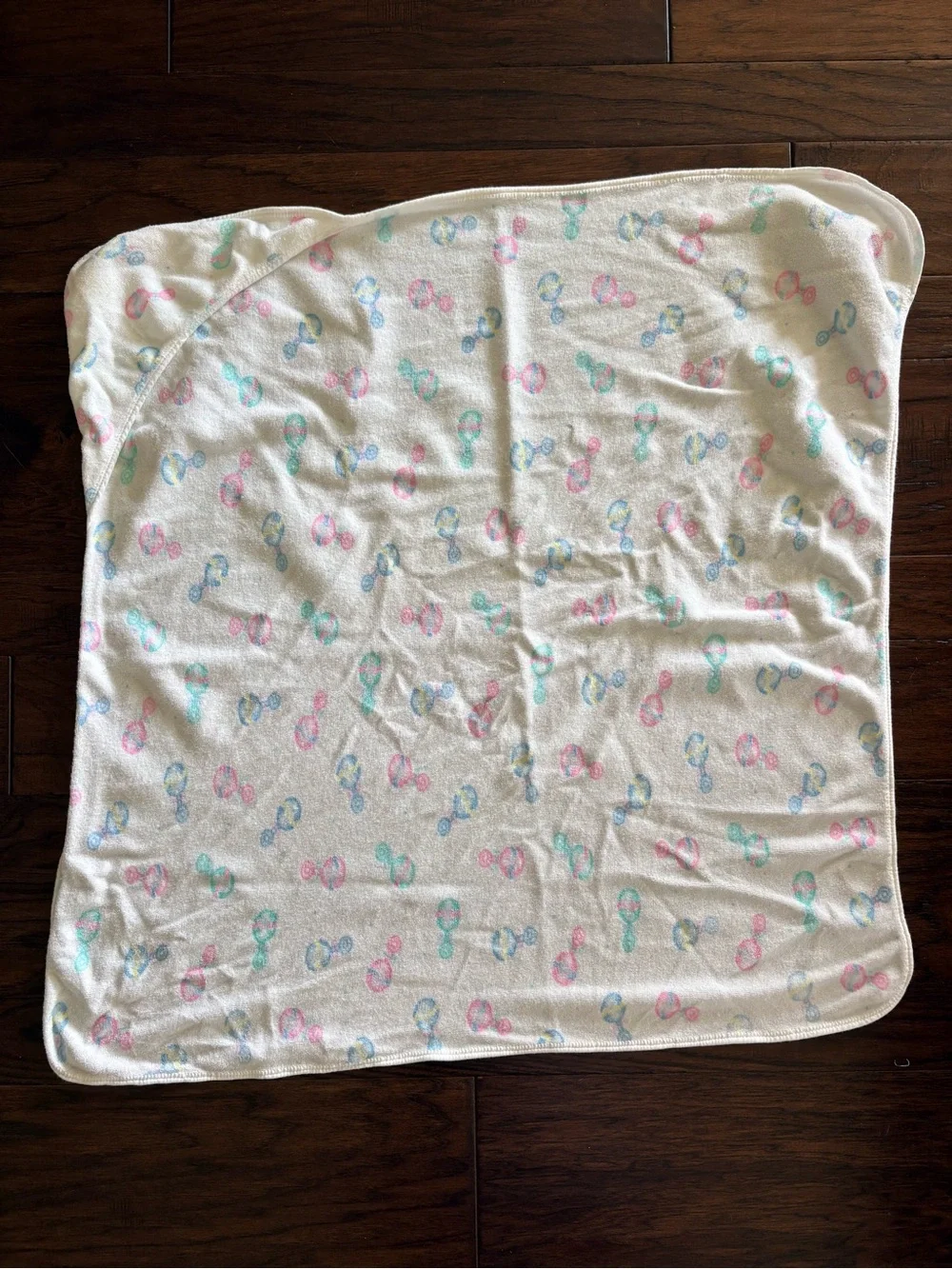 Vintage Carters-style Baby Hooded towel with Pastel Rattle Print